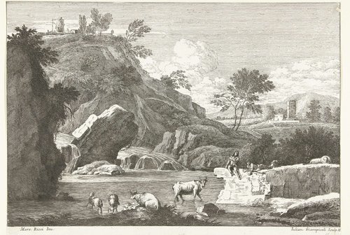 Landschap met twee herders en vee bij water