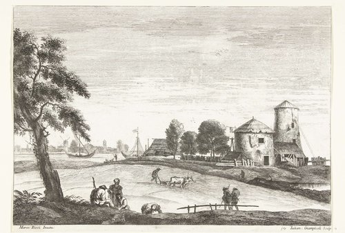 Landschap met ploegende boer bij boerderij