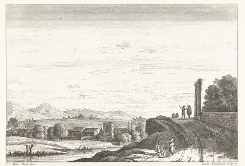 Weg langs rivier met figuren en twee antieke zuilen