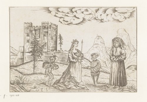 Drie personen en een duivel in een landschap voor een kasteel by anonymous
