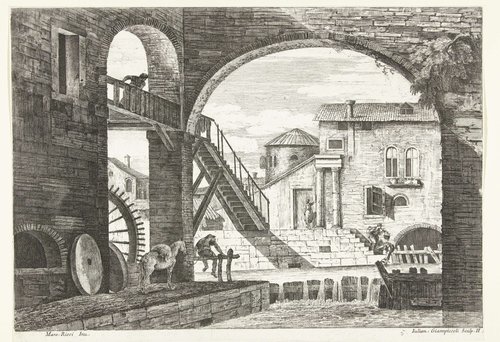 Gezicht door boog met brug bij watermolen
