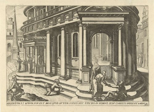 Petrus en Johannes genezen een kreupele voor de tempel