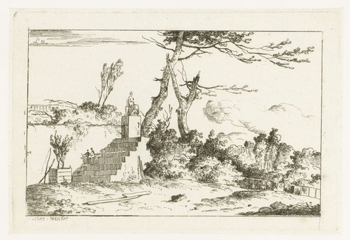 Trap naar een bordes met een beeld