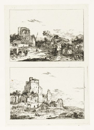 Landschap met een huis met vlaggenstok en Landschap met hoge ruïne