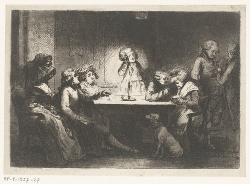 Gezelschap rond een tafel bij kaarslicht