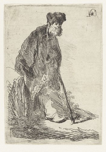 Man in a coat and fur cap leaning against a bank by Rembrandt van Rijn