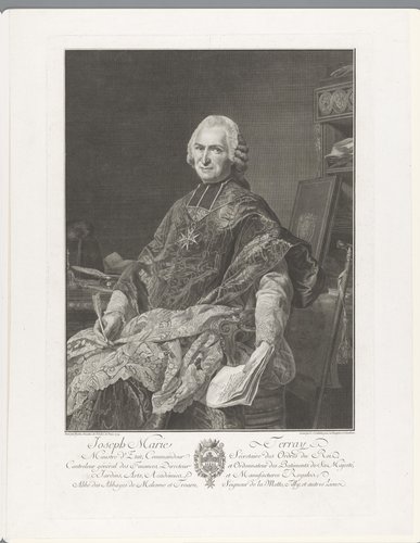 Portret van Joseph Marie Terray aan een bureau met een pen en brief in zijn hand