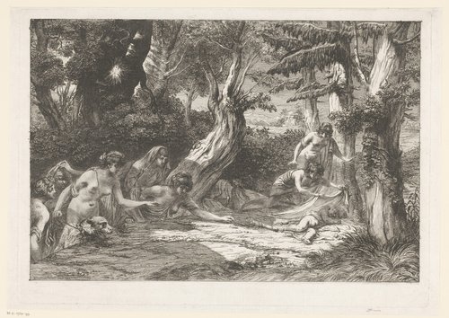 Diana en haar nimfen vinden de slapende Cupido in het bos