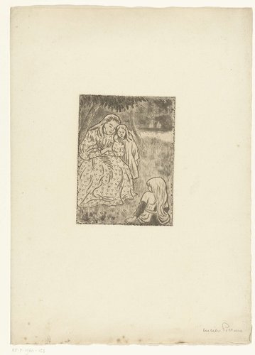 Vrouw met twee meisjes in een weide