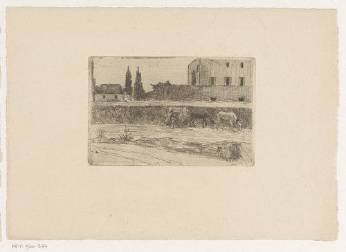 Landschap met bebouwing en een figuur aan het werk