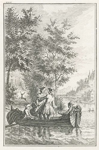 Vijf heren op een roeiboot by Simon Fokke