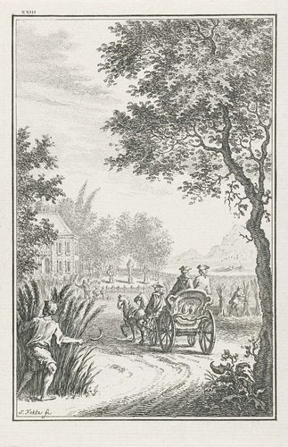Heren vervoerd per koets op het platteland by Simon Fokke