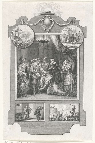 Geknielde vrouw bij een groep edelen en Chinezen