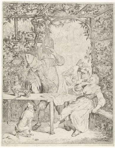 Rokende man en drinkende vrouw in een prieel by Cornelis Dusart