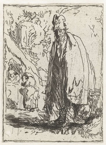 A beggar in a tall hat and long cloak, with a cottage and two figures in the background