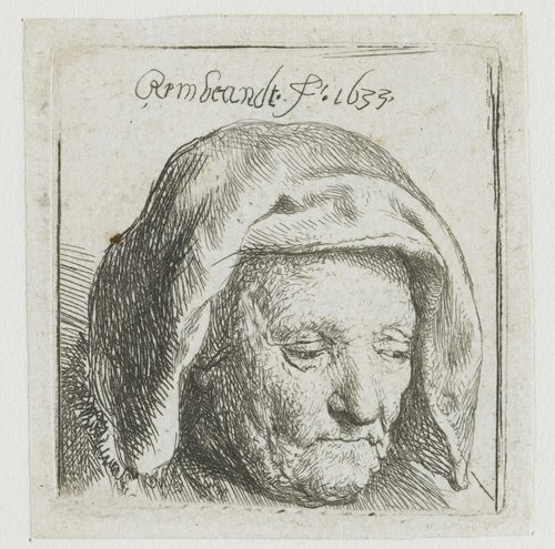 Rembrandt's moeder met een hoofddoek, blik naar beneden gericht: alleen de kop by Rembrandt van Rijn