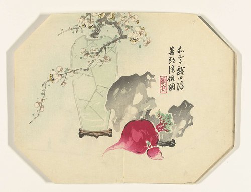 Stilleven met vaas met bloesemtak en bieten