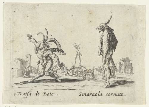 Twee straatartiesten als Ratsa di Boio en Smaraola cornuto by anonymous