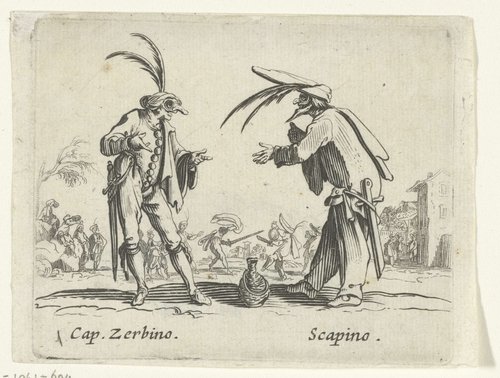 Twee straatartiesten als Capitano Zerbino en Scapino by anonymous