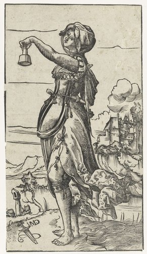 Dwaze maagd met uitgedoofde olielamp in landschap