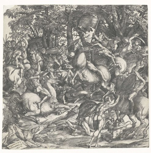 Naakte mannen met speren op paarden in gevecht