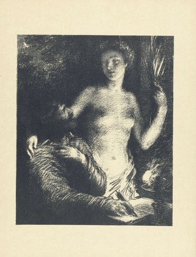 Man zittend met pen in hand en opengeslagen boek en naast hem staande naakte vrouw als muze of Inspiratie