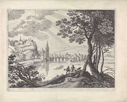 Rivierlandschap met stad en twee jagers