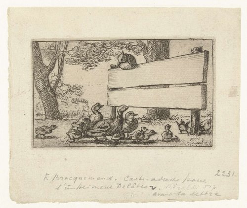Adreskaart met eenden bij een houten hek voor de drukker Delâtre by Félix Bracquemond