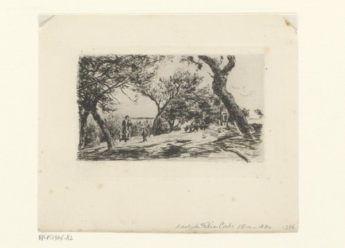 Landschap met figuren aan een tafel en een vrouw met kinderen