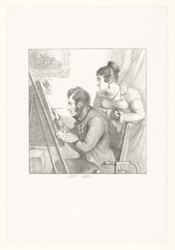 Zelfportret van de kunstenaar in actie met toekijkende vrouw