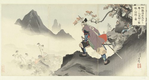 Kato Kiyomasa oishi korogashite Orankai no kenjo o uchiyaburu zu.