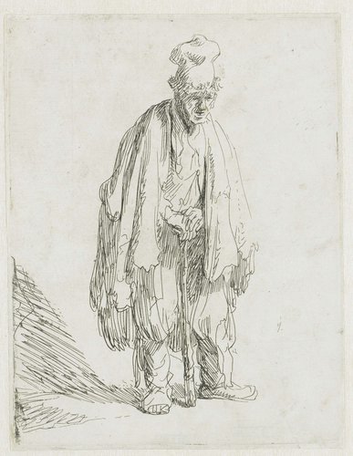Beggar in a high cap, standing and leaning on a stick by Rembrandt van Rijn