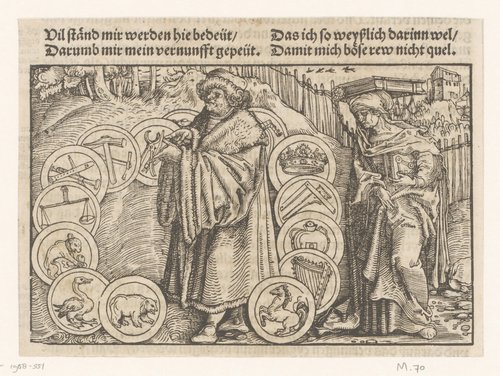 Staande geleerde omringd door symbolen, naast hem een allegorische vrouwenfiguur