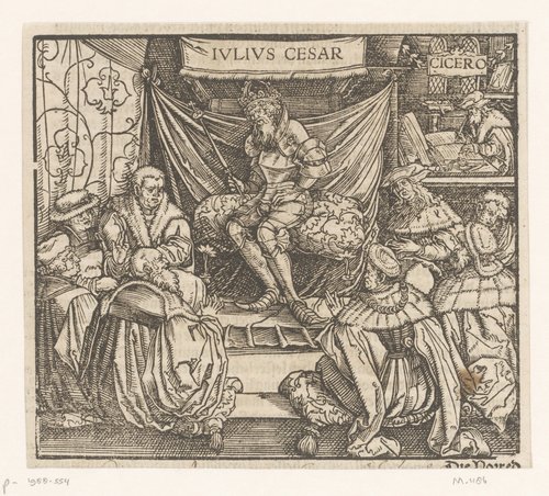 Julius Caesar in een raadsvergadering, op de achtergrond Cicero schrijvend