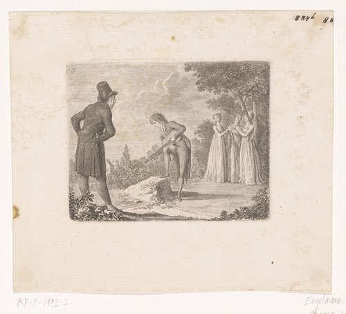 Mr. de Vollange speelt op zijn gitaar, terwijl drie dames en een heer luisteren