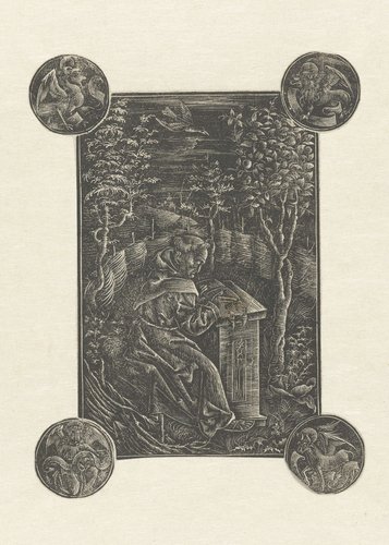 De Franciscaner monnik Ossváld Pelbárt (Pelbartus) in een tuin en de vier evangelistensymbolen by anonymous