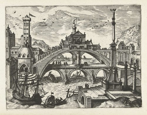 Stad met bebouwde brug