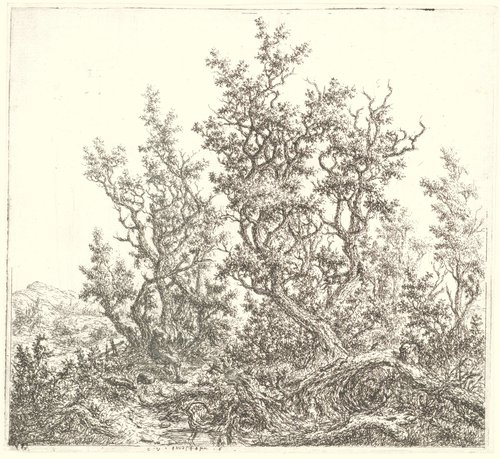 Landschap met een groep eiken en een rustende man