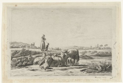 Landschap met herderin en hond bij kudde schapen by Simon van den Berg