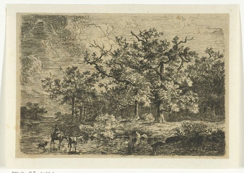 Landschap met bomen en vrouw op ezel in ondiep water