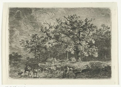 Landschap met bomen en vrouw op ezel in ondiep water