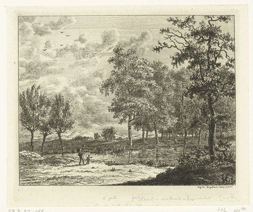 Landschap met een man en een jongetje bij een rivier