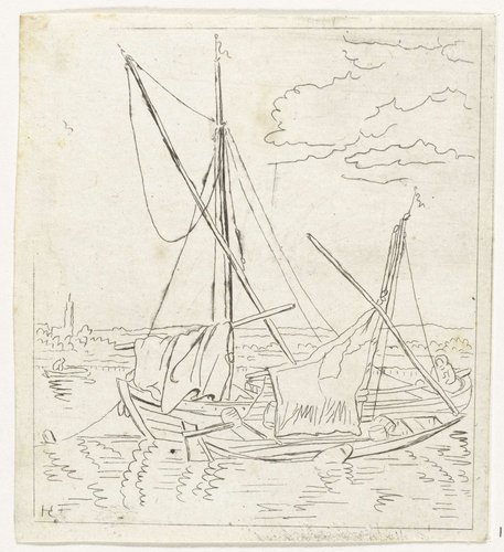 Twee zeilschepen in een rivier by Anthonie van den Bos