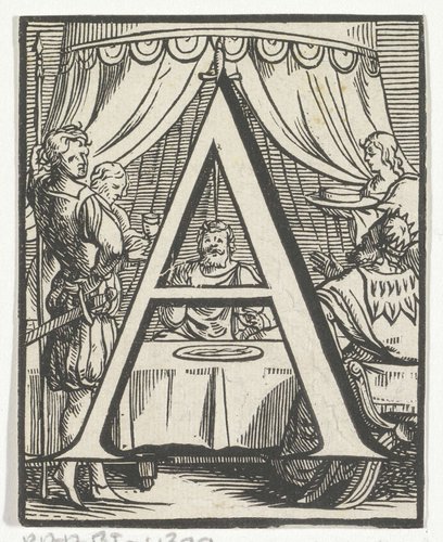 Letter A in een omlijsting met een voorstelling van mannen die een maaltijd nuttigen