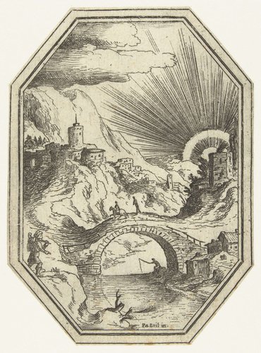 Landschap met stenen brug in octagonaal kader