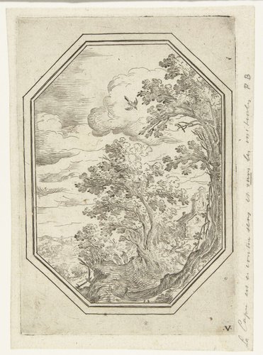 Landschap met pad tussen bomen in octagonaal kader