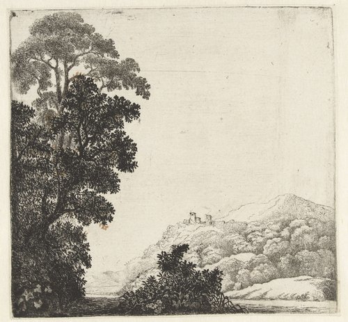 Landschap met ruïne op heuvel