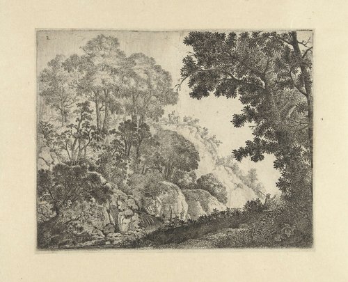 Landschap met bomen op rotsen en man met opgeheven arm