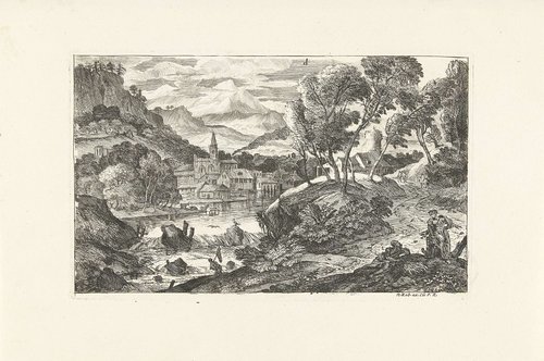 Landschap met waterval en dorp