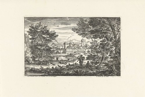 Gezicht met een dorp, herder met schapen en een man met een vrouw by Adriaen van der Kabel